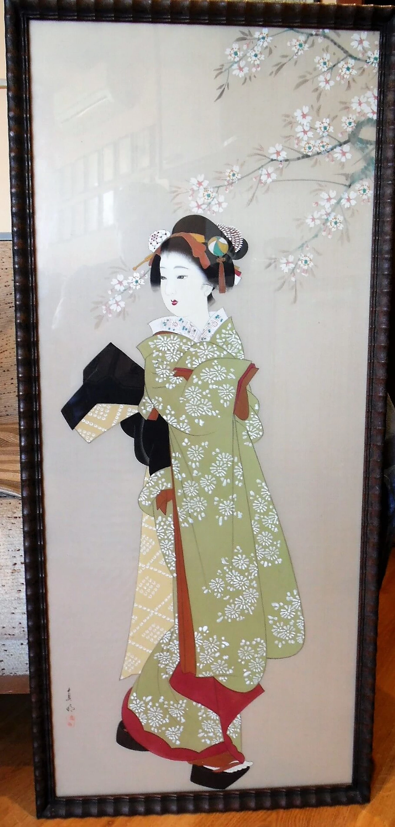 Dipinto giapponese su seta raffigurante geisha, fine '800 3