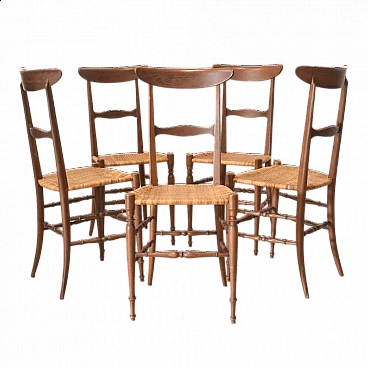 5 Chiavari chairs in wood and woven straw, 1950s