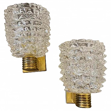 Pair of brass and rosted glass wall lamps in Barovier style, 1980s