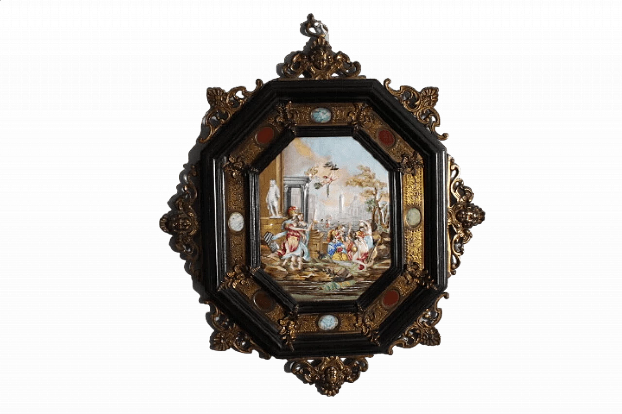 Placca in porcellana di Capodimonte con cornice in legno, pietre e metallo, '800 20