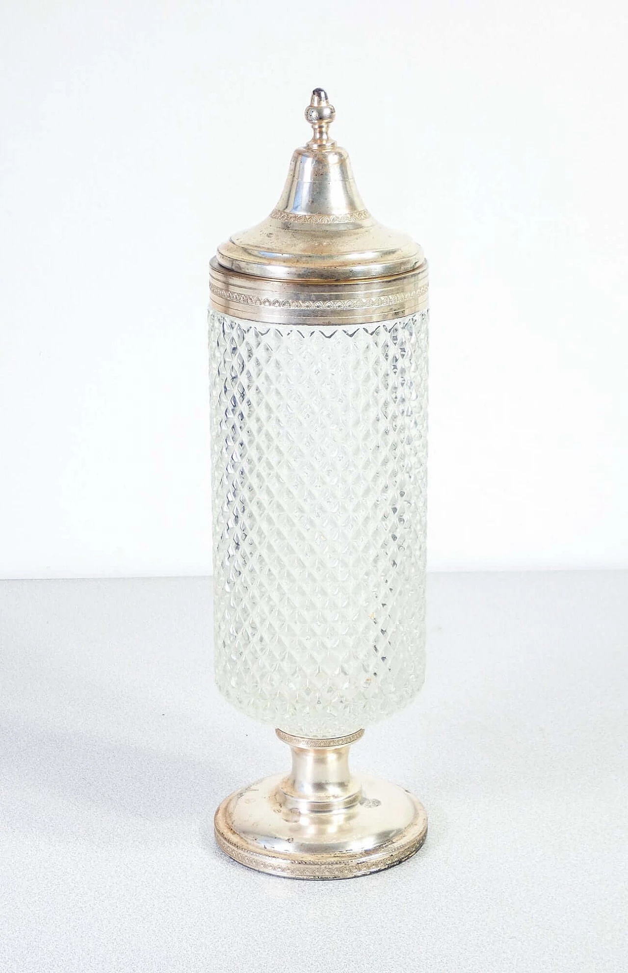 Porta bon bon in metallo placcato argento e cristallo, anni '40 1