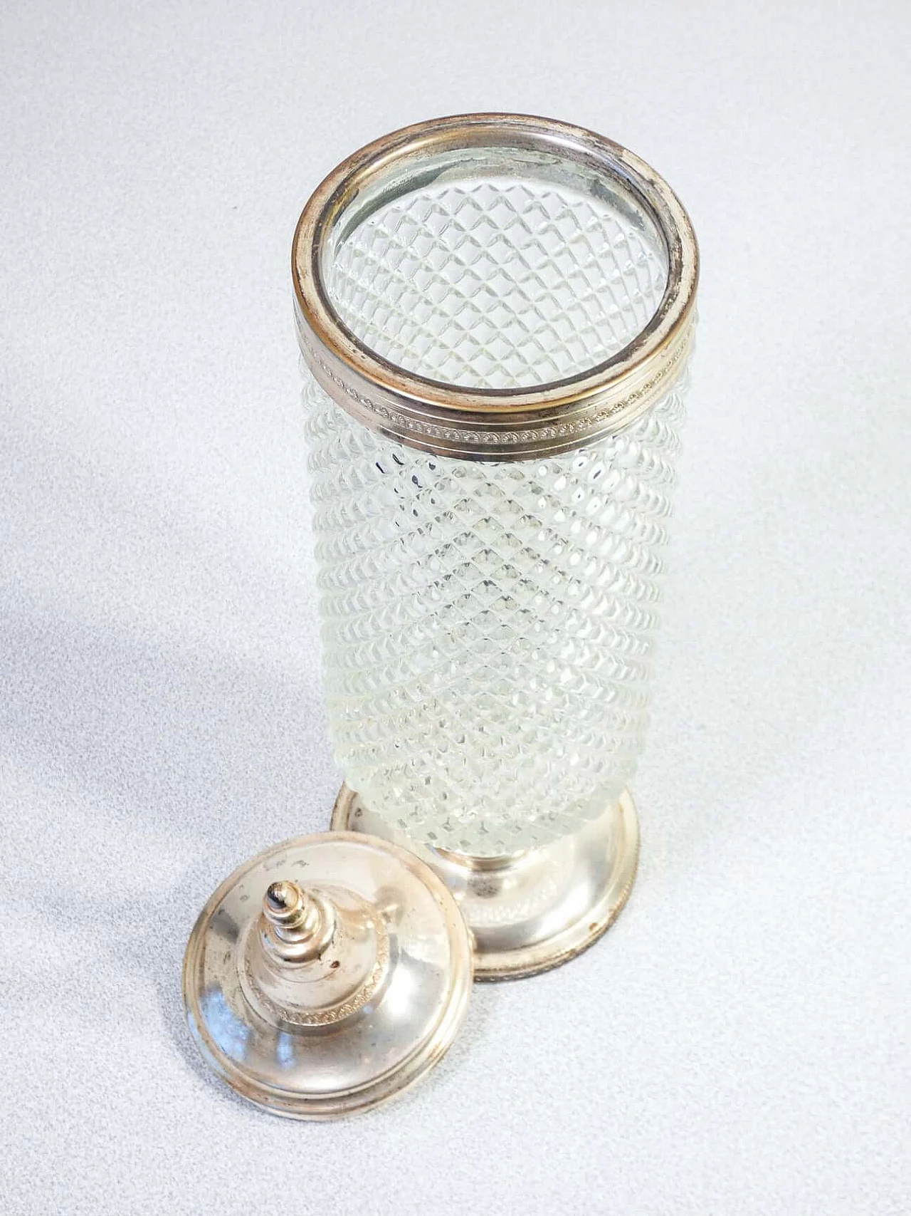 Porta bon bon in metallo placcato argento e cristallo, anni '40 4