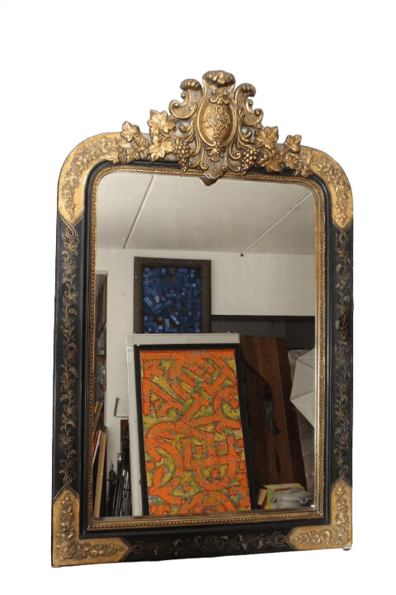 Specchio Luigi Filippo in legno laccato nero e dorato, metà '800 13