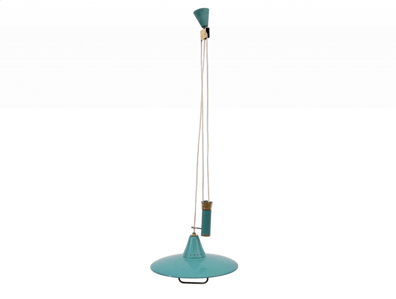 Brass and light blue enameled aluminum hanging lamp, 1950s 7