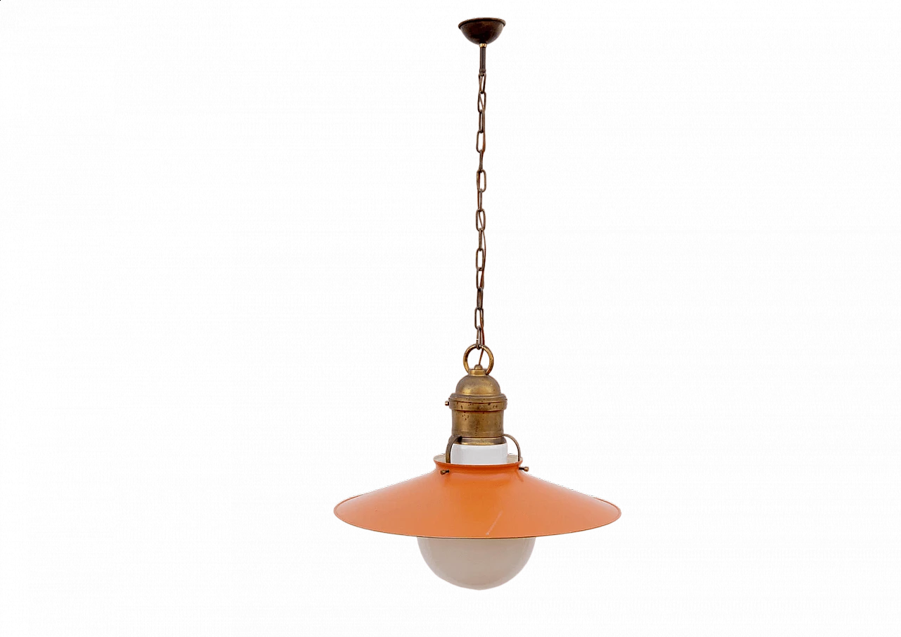 Brass, orange iron and opaline glass chandelier, 1950s 6