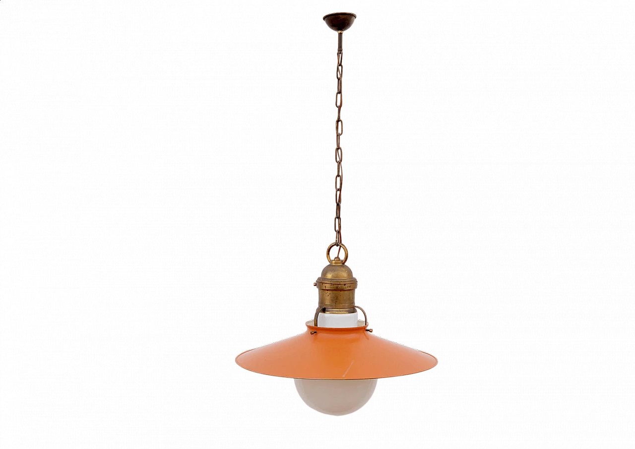 Lampadario in ottone, ferro arancione e vetro opalino, anni '50 6