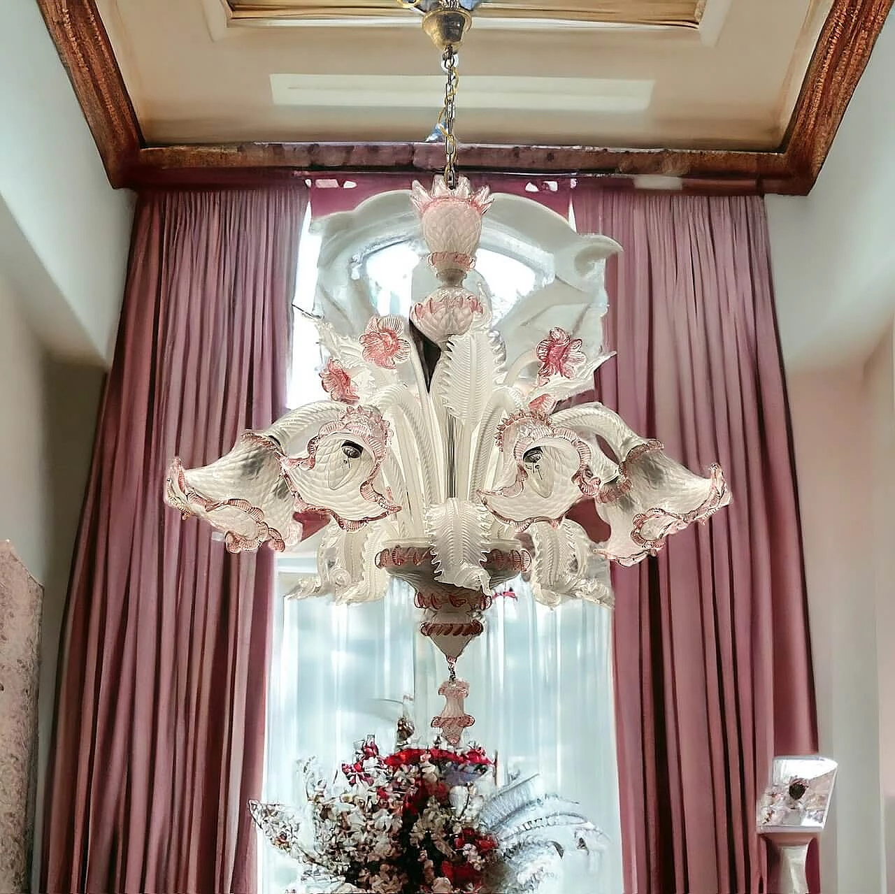 Lampadario in vetro di Murano bianco e rosa, anni '60 2