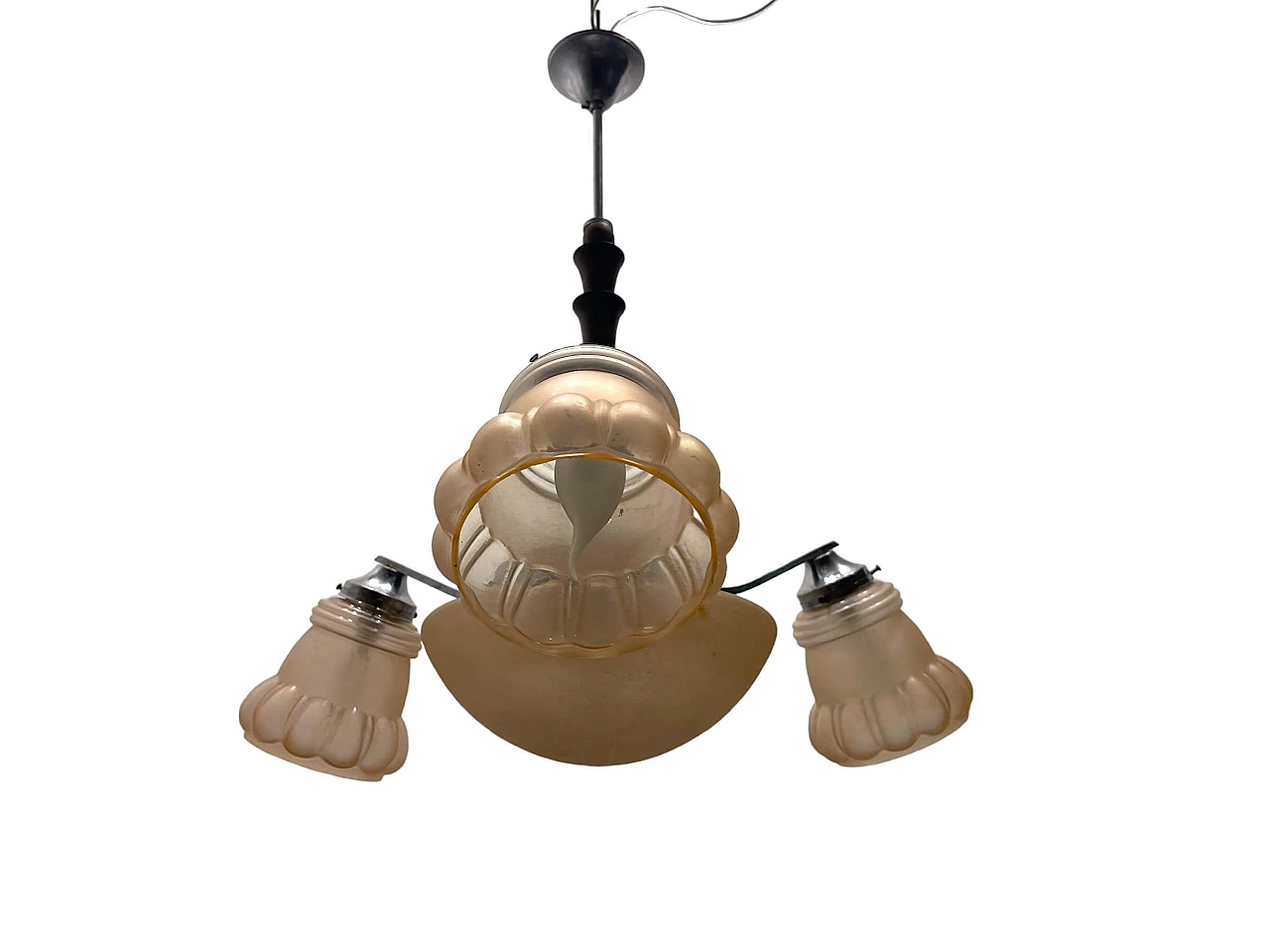 Art Deco pink glass, chromed metal and oak chandelier, 1950s 1