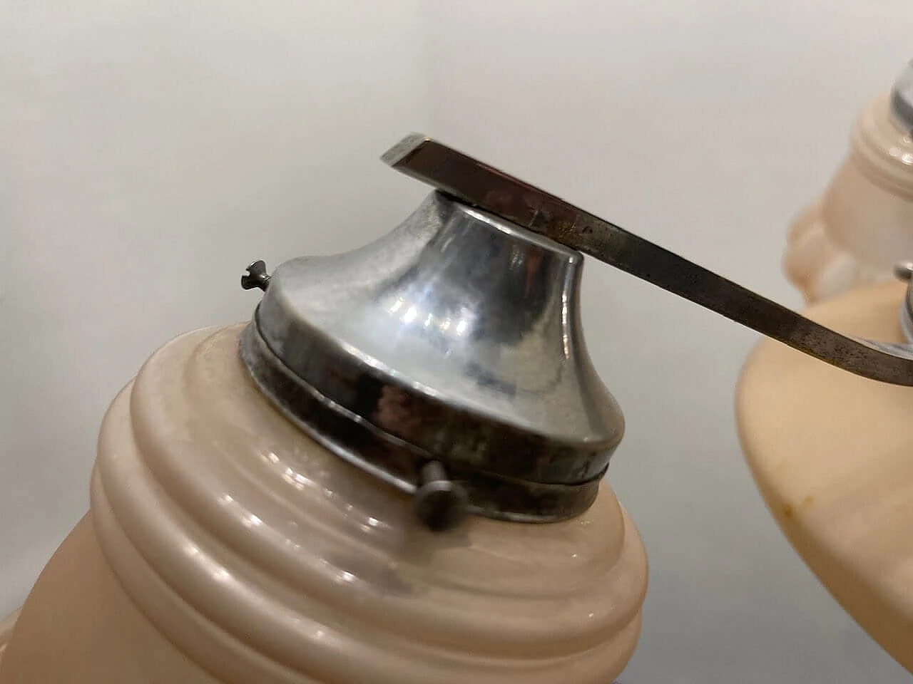 Art Deco pink glass, chromed metal and oak chandelier, 1950s 2