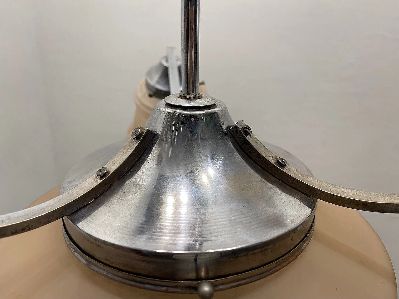 Art Deco pink glass, chromed metal and oak chandelier, 1950s 4