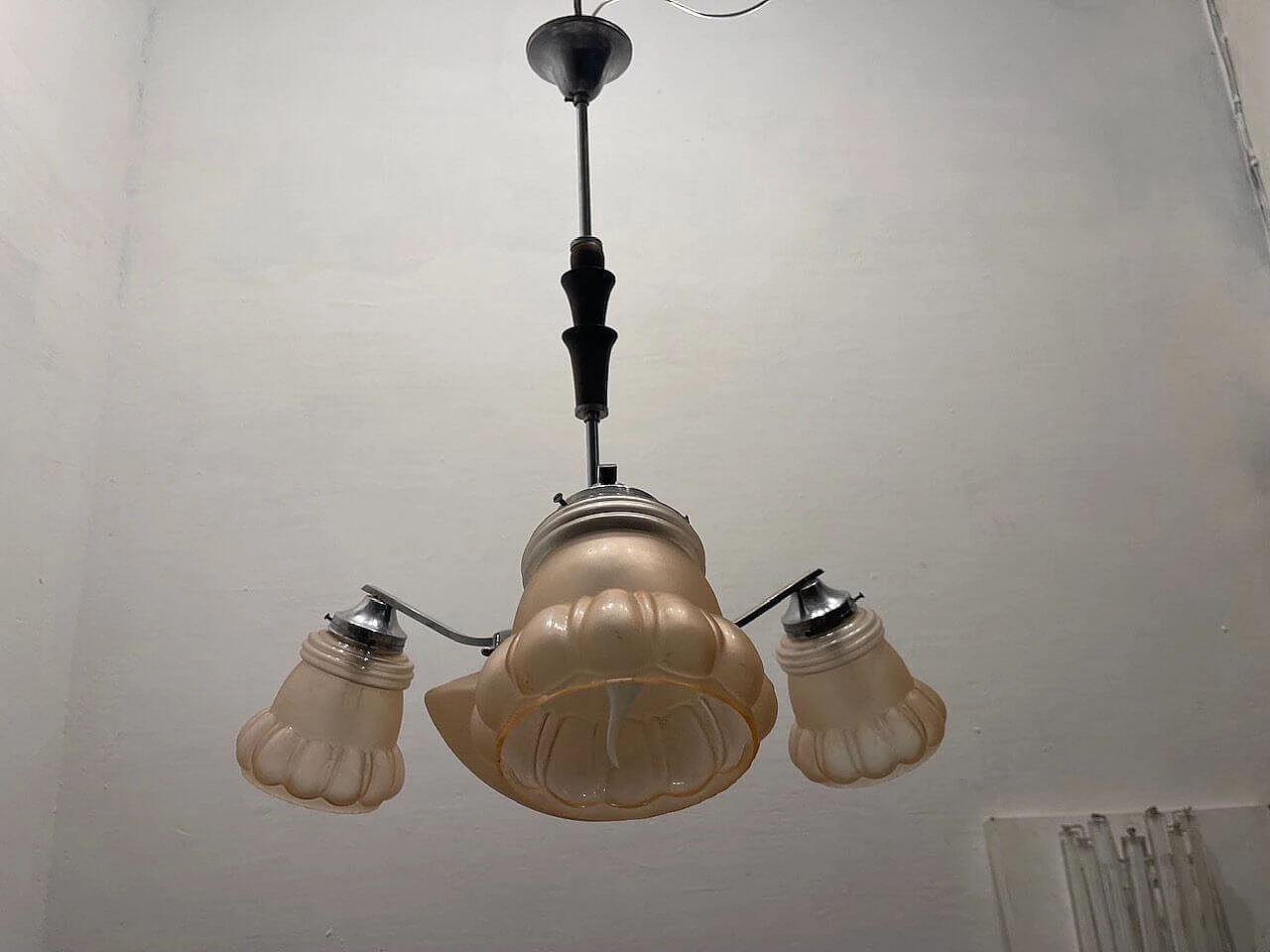 Art Deco pink glass, chromed metal and oak chandelier, 1950s 5