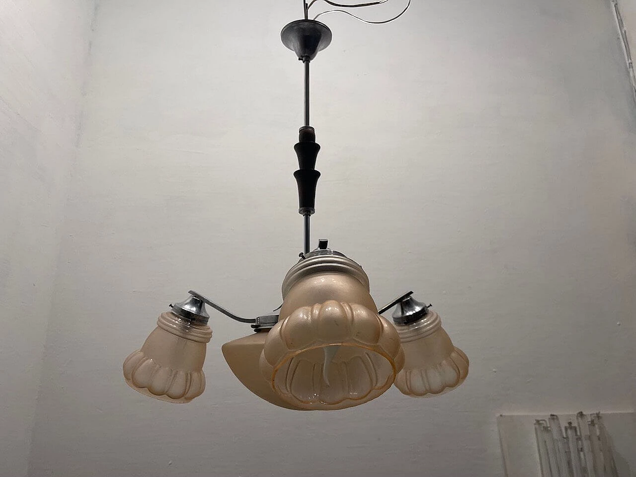 Art Deco pink glass, chromed metal and oak chandelier, 1950s 6