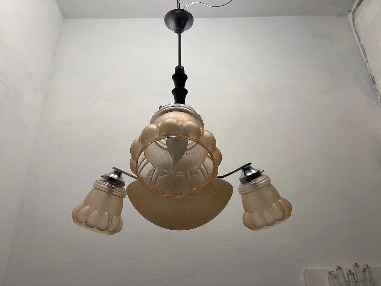 Art Deco pink glass, chromed metal and oak chandelier, 1950s 7