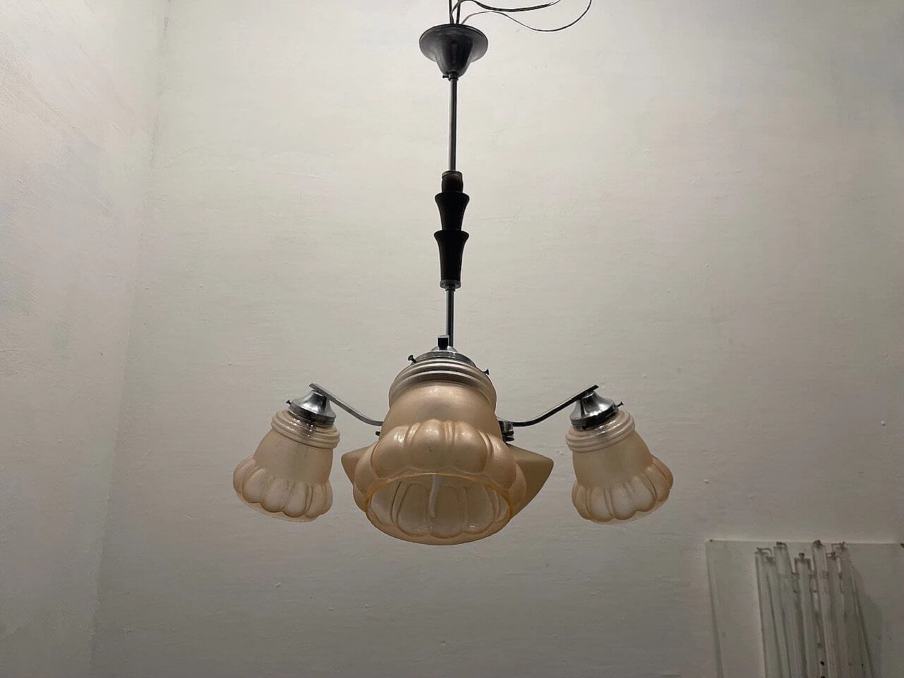 Art Deco pink glass, chromed metal and oak chandelier, 1950s 8