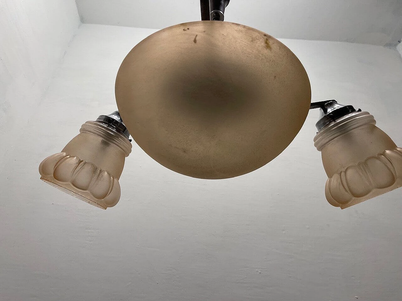 Art Deco pink glass, chromed metal and oak chandelier, 1950s 10