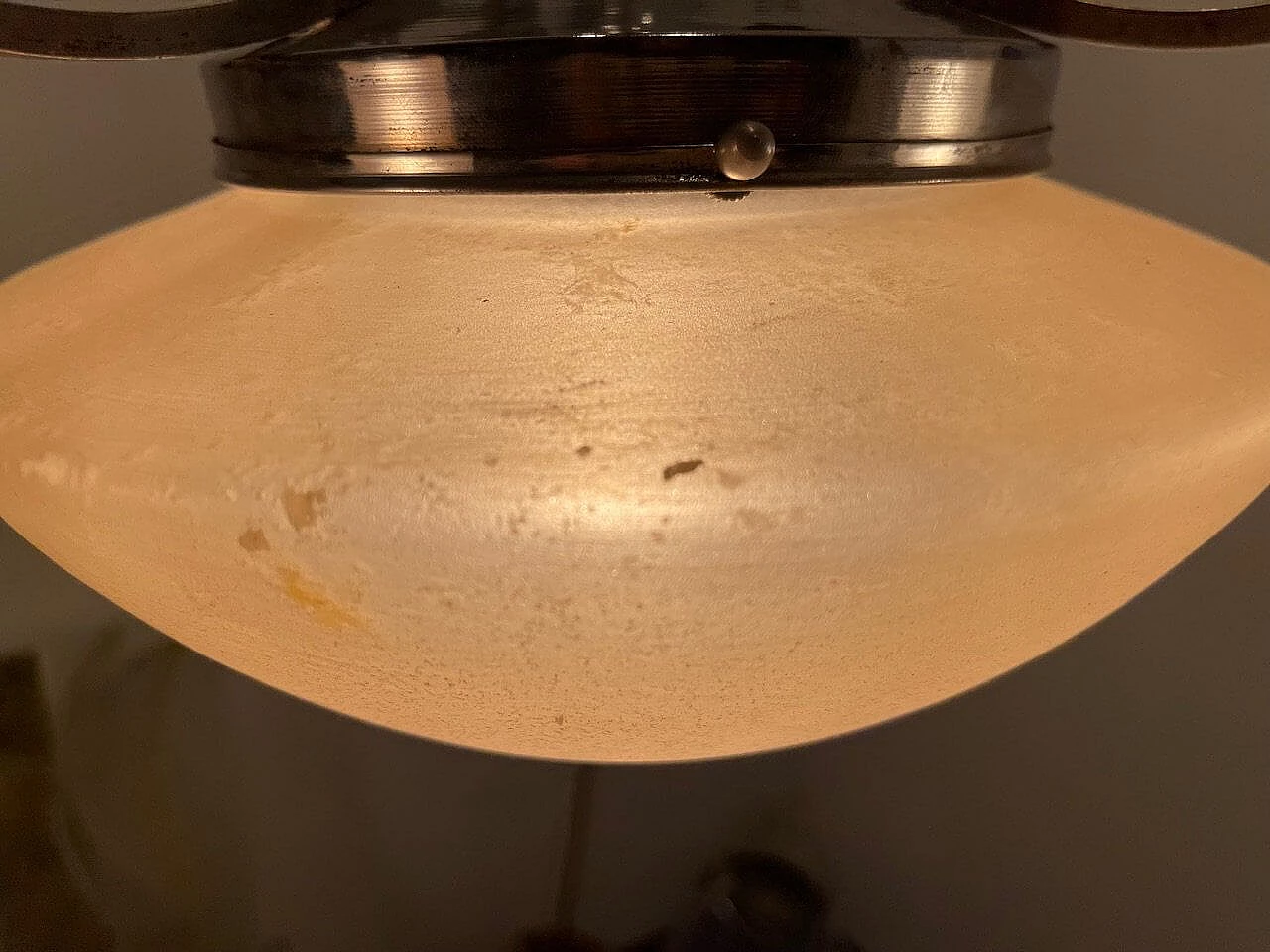 Art Deco pink glass, chromed metal and oak chandelier, 1950s 11