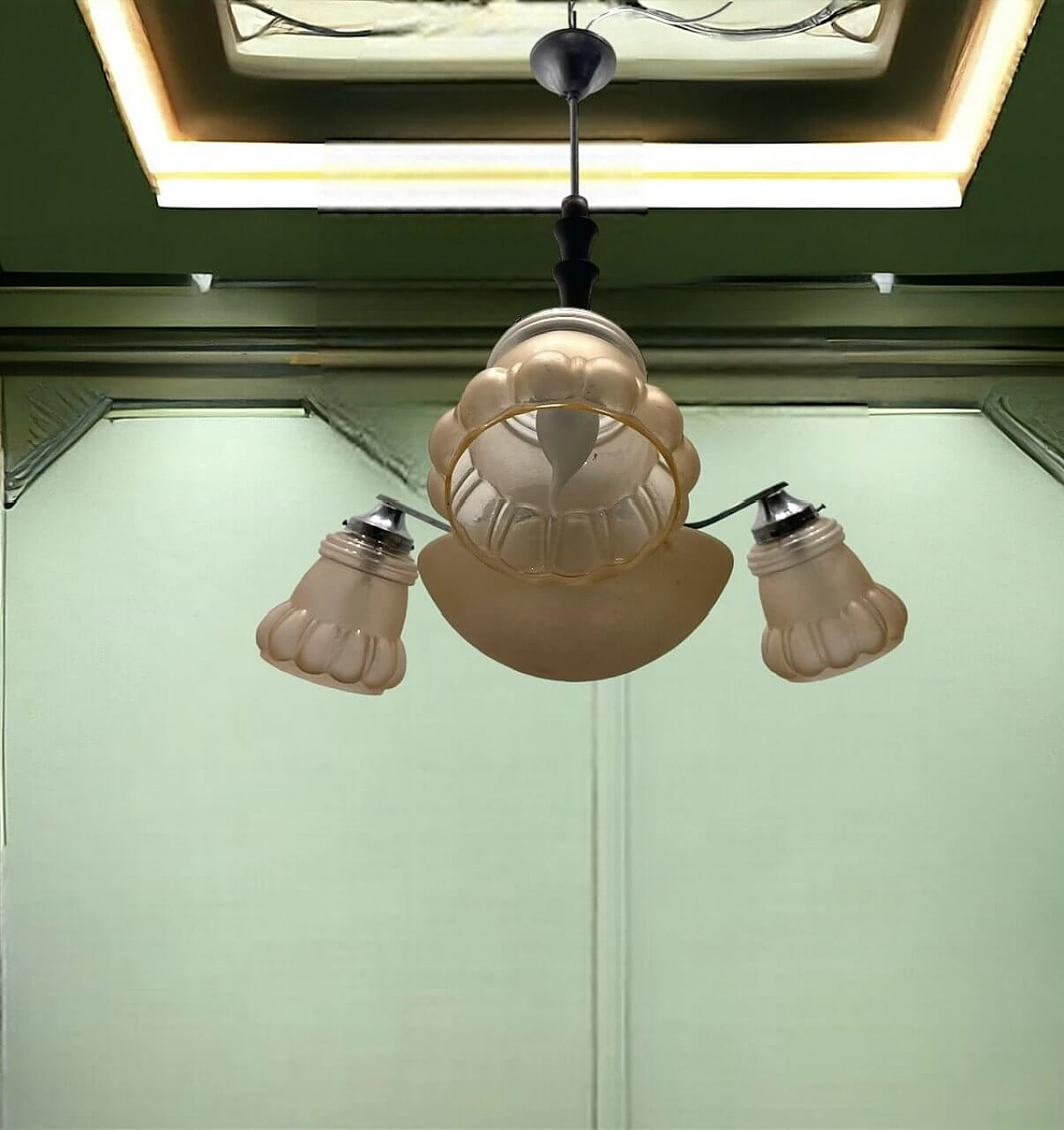 Art Deco pink glass, chromed metal and oak chandelier, 1950s 12