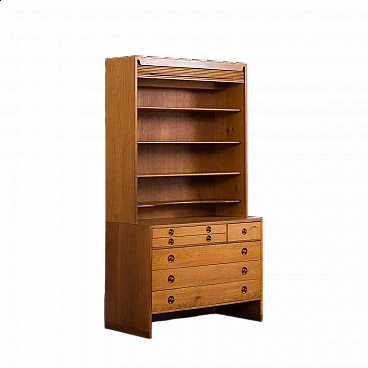 Oak bookcase with drawers and tambour door by Hans Wegner for RY Mobler, 1950s