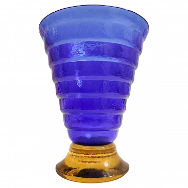 Vaso in vetro di Murano blu e giallo di Cá dei Vetrai, anni '80