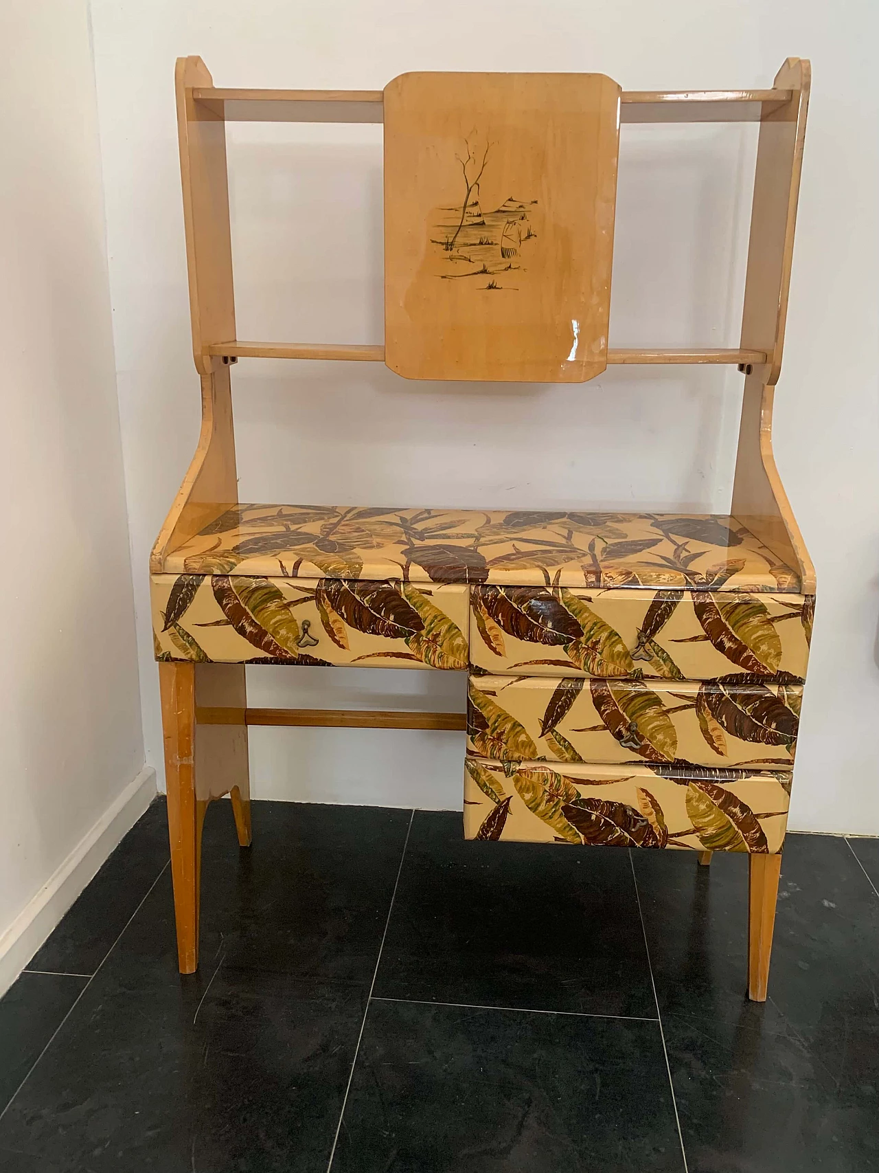 Maple bookcase with chest of drawers decorated with foliage, 1950s 1