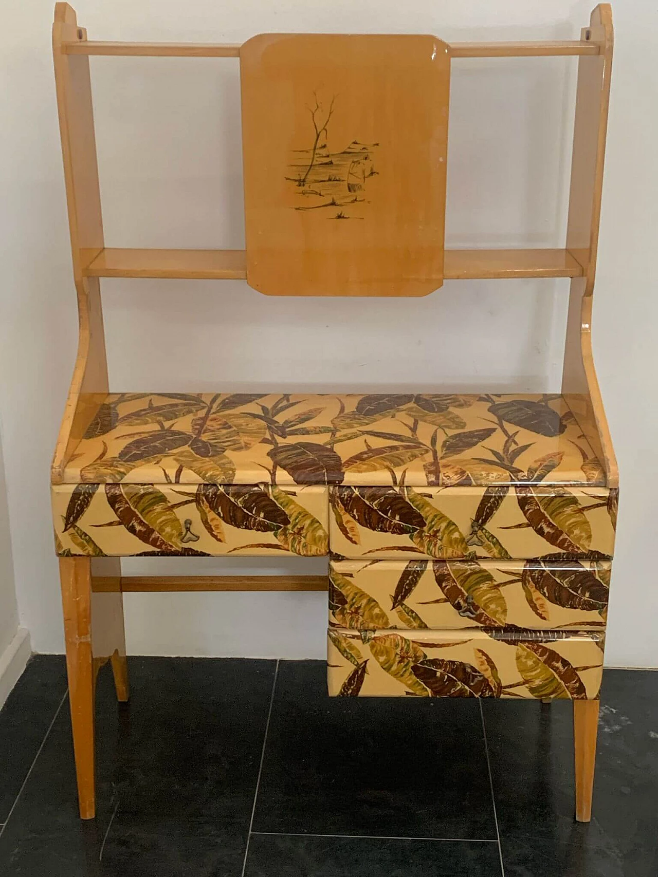 Maple bookcase with chest of drawers decorated with foliage, 1950s 2