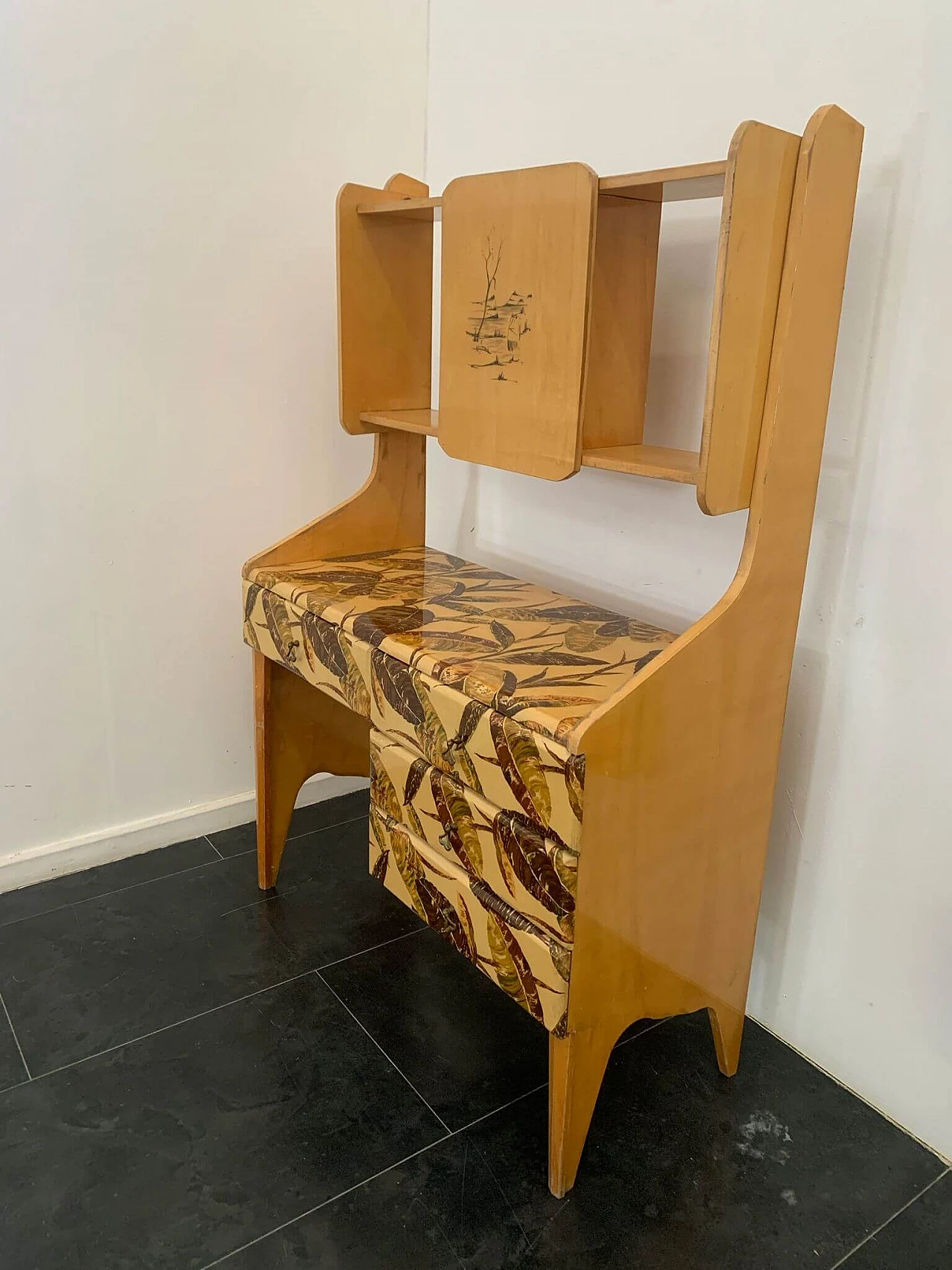 Maple bookcase with chest of drawers decorated with foliage, 1950s 5