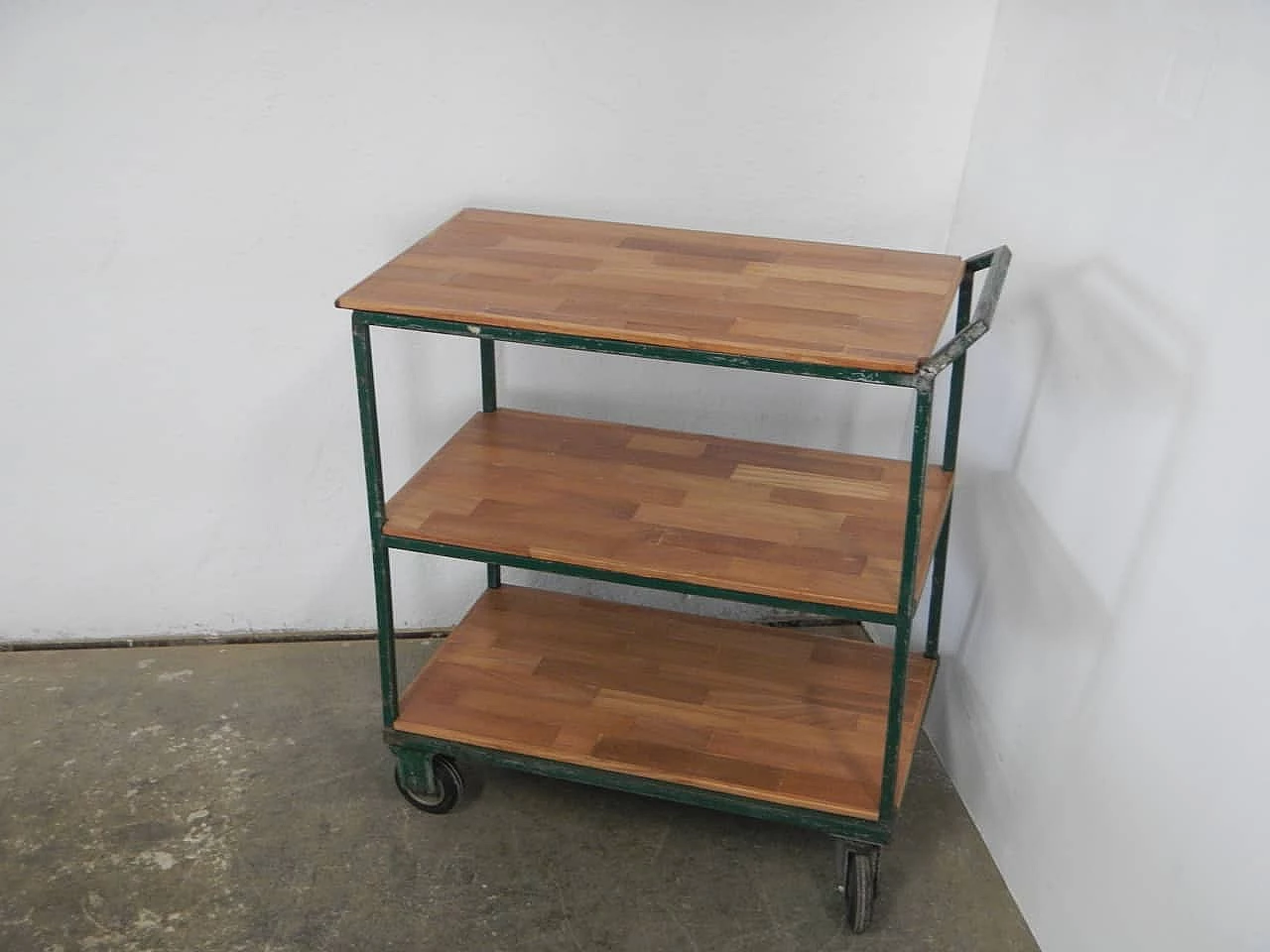 Green iron workshop trolley with oak shelves, 1970s 1