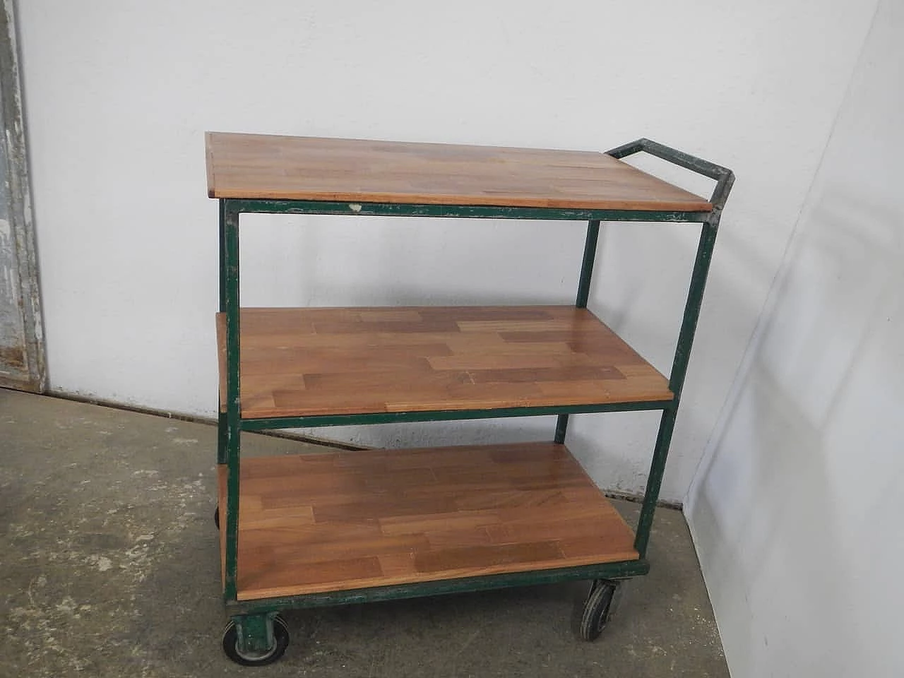 Green iron workshop trolley with oak shelves, 1970s 2