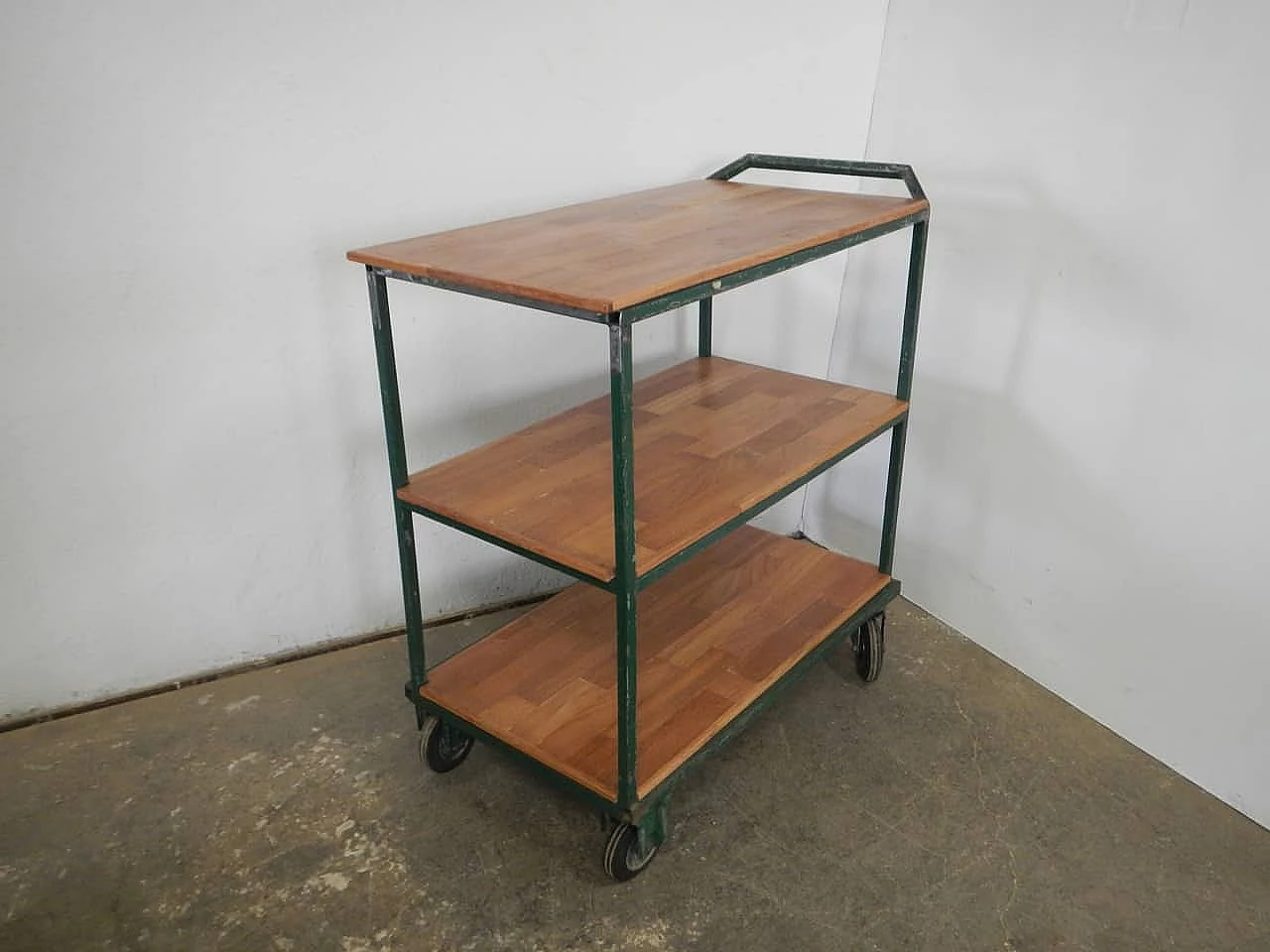 Green iron workshop trolley with oak shelves, 1970s 3