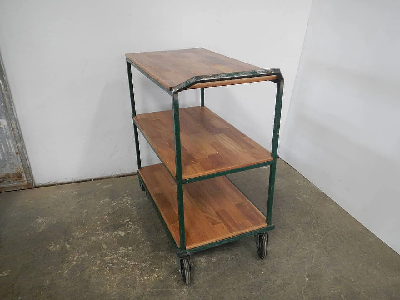 Green iron workshop trolley with oak shelves, 1970s 4