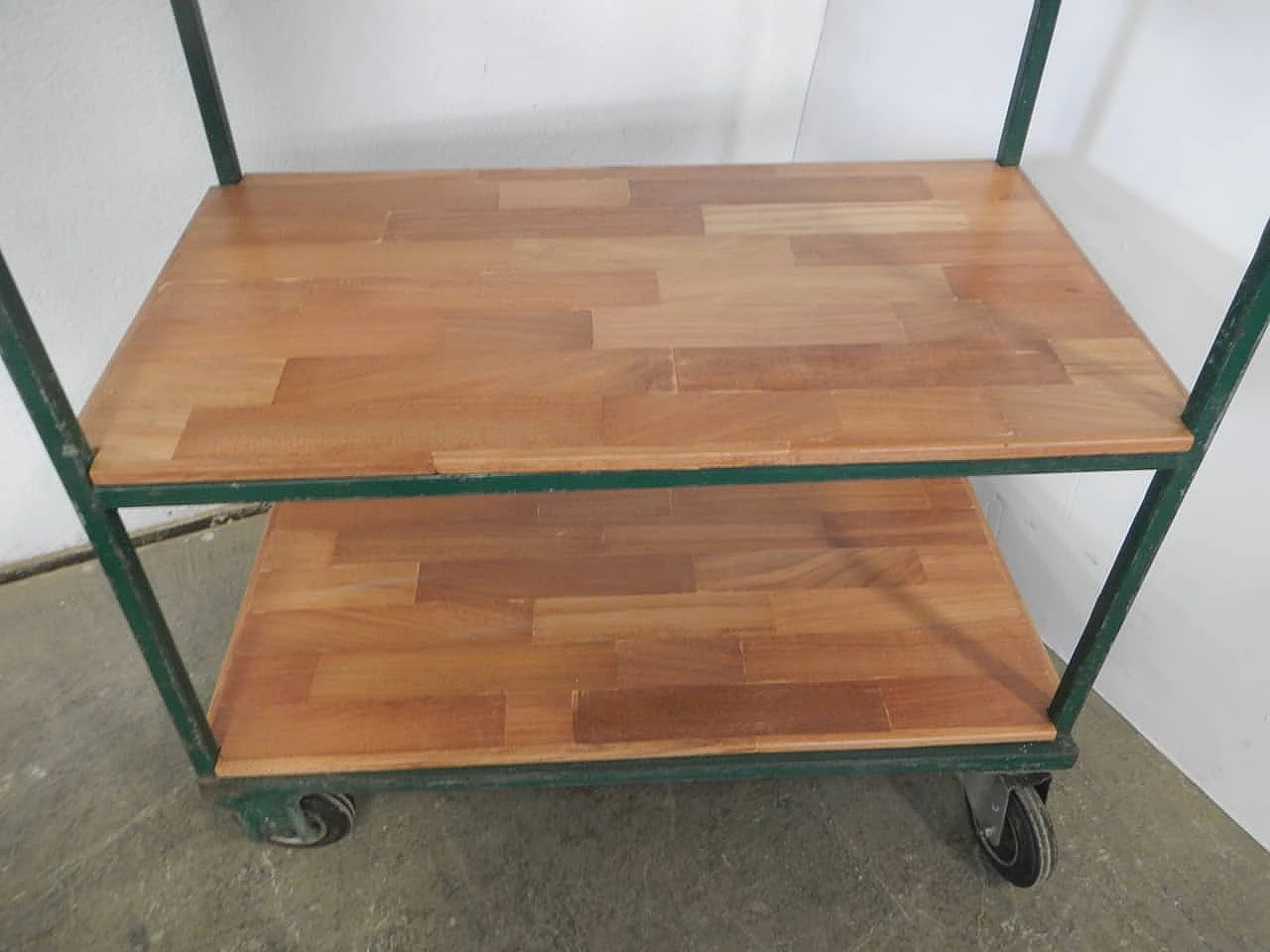 Green iron workshop trolley with oak shelves, 1970s 5