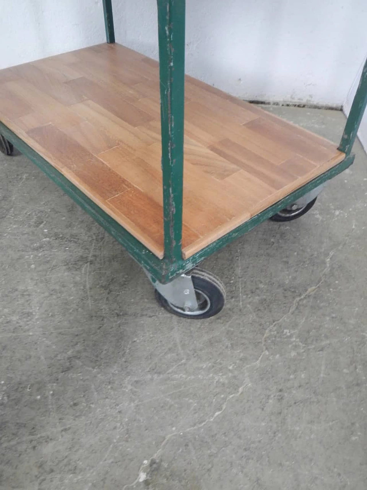 Green iron workshop trolley with oak shelves, 1970s 7