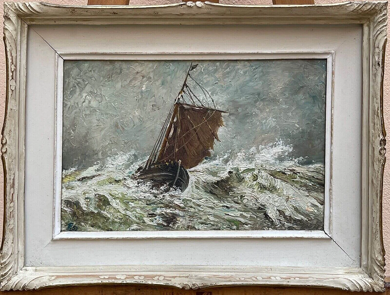 Boat in a storm, oil on panel 1
