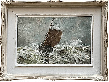 Boat in a storm, oil on panel