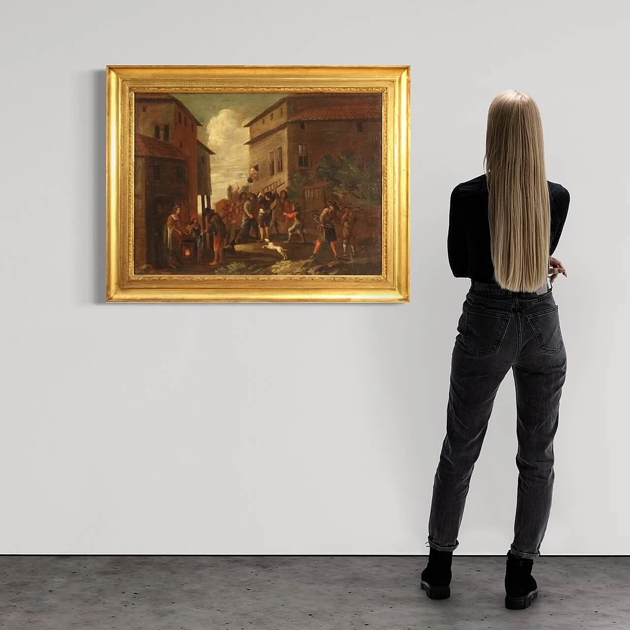 Dipinto di scena di genere con architetture e personaggi, olio su tela, '700 1475951
