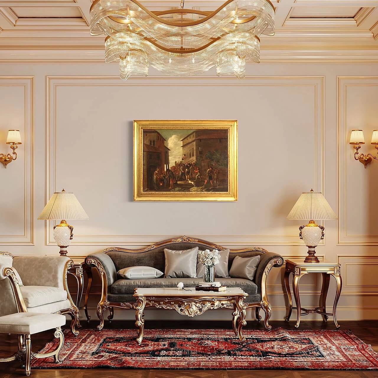 Genre scene painting with architecture and characters, oil on canvas, 18th century 1475952