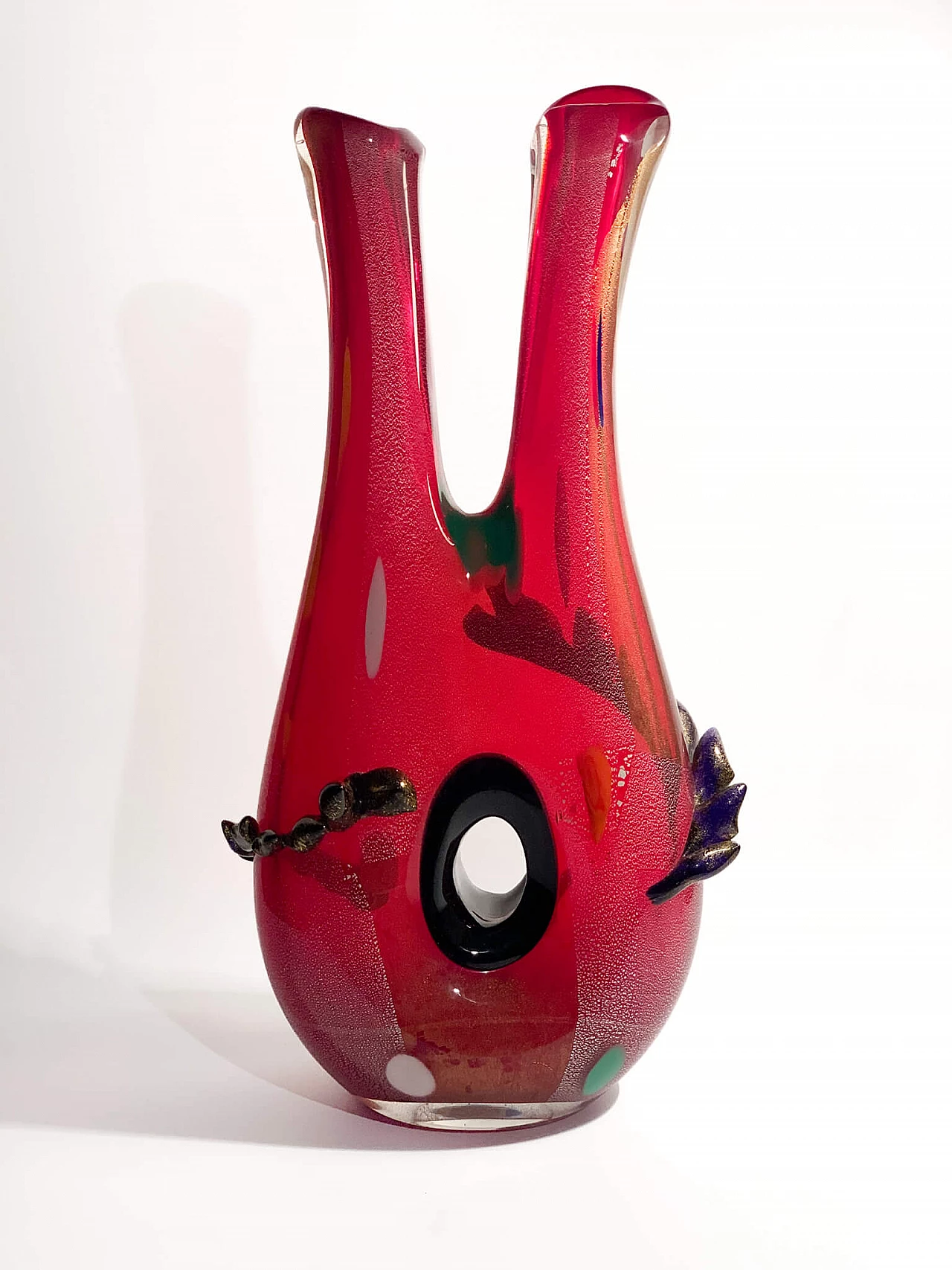 Vaso in vetro di Murano rosso e multicolore nello stile di Dino Martens, anni '50 1