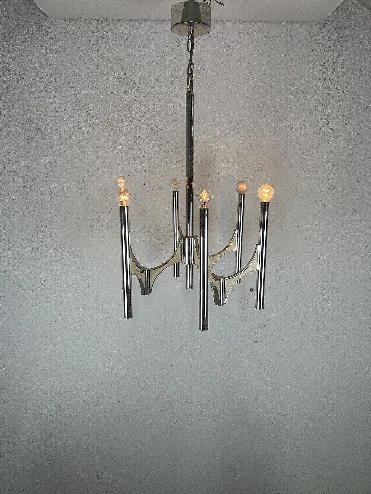 Chromed metal six-light chandelier by Sciolari, 1970s 1