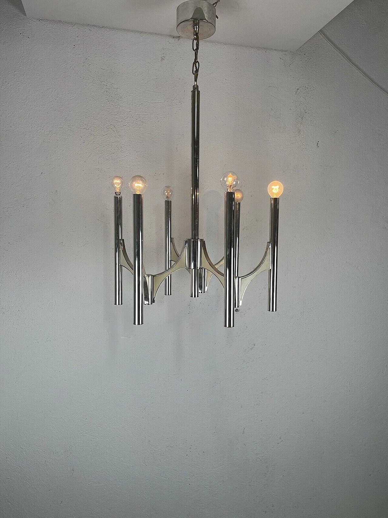 Chromed metal six-light chandelier by Sciolari, 1970s 2