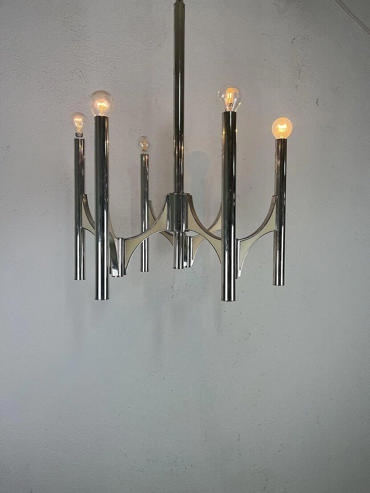 Chromed metal six-light chandelier by Sciolari, 1970s 3