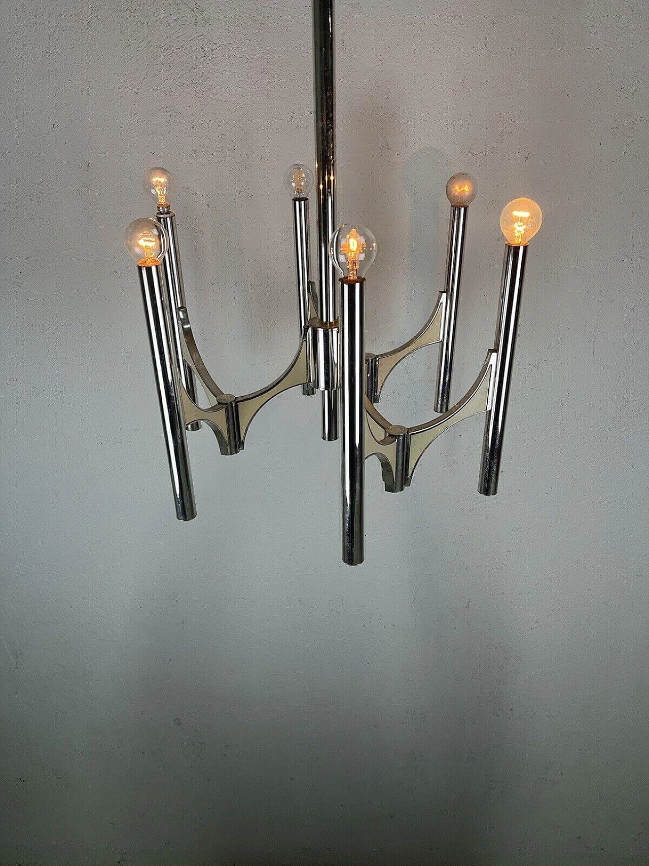 Chromed metal six-light chandelier by Sciolari, 1970s 4