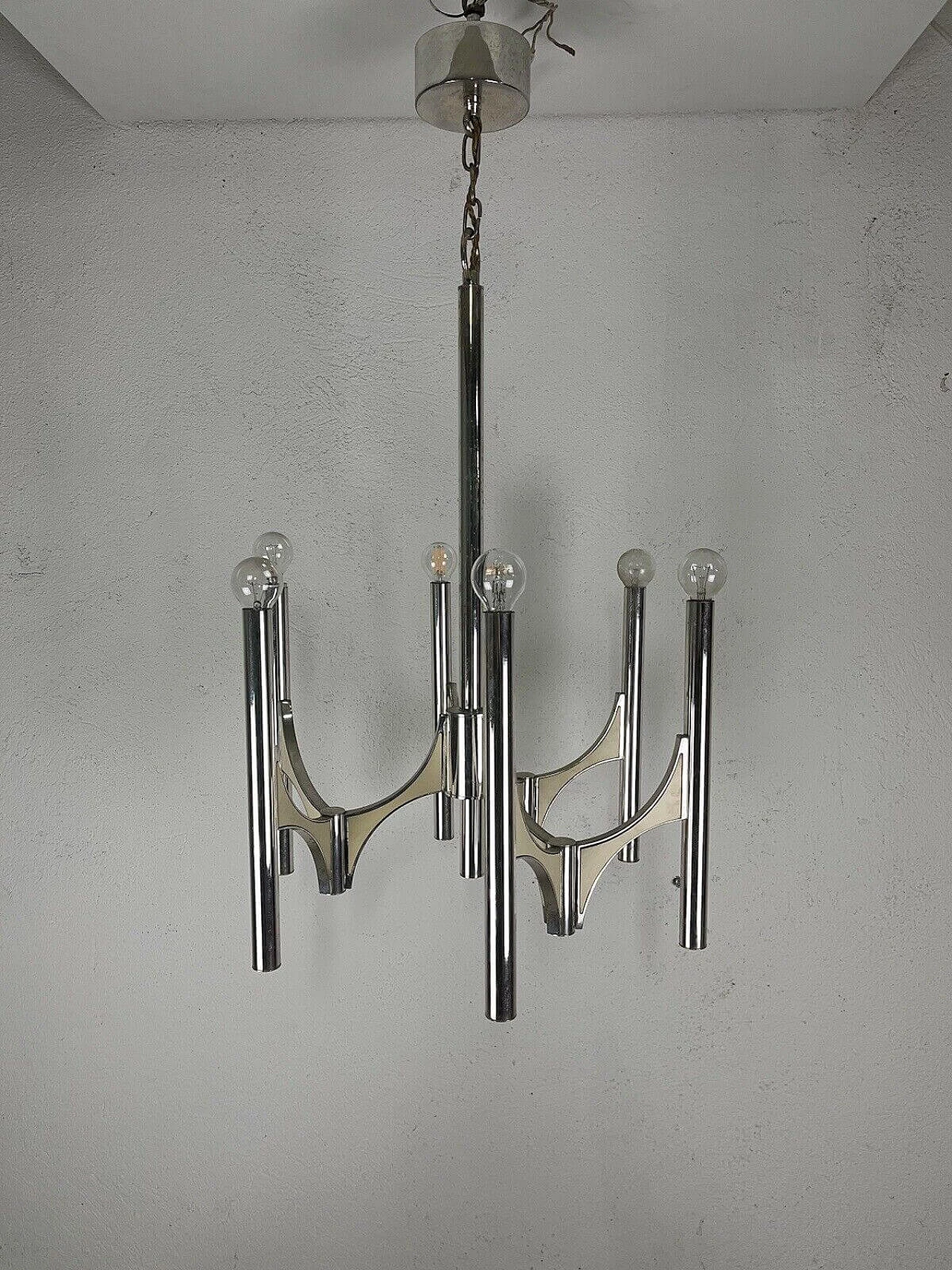 Chromed metal six-light chandelier by Sciolari, 1970s 5