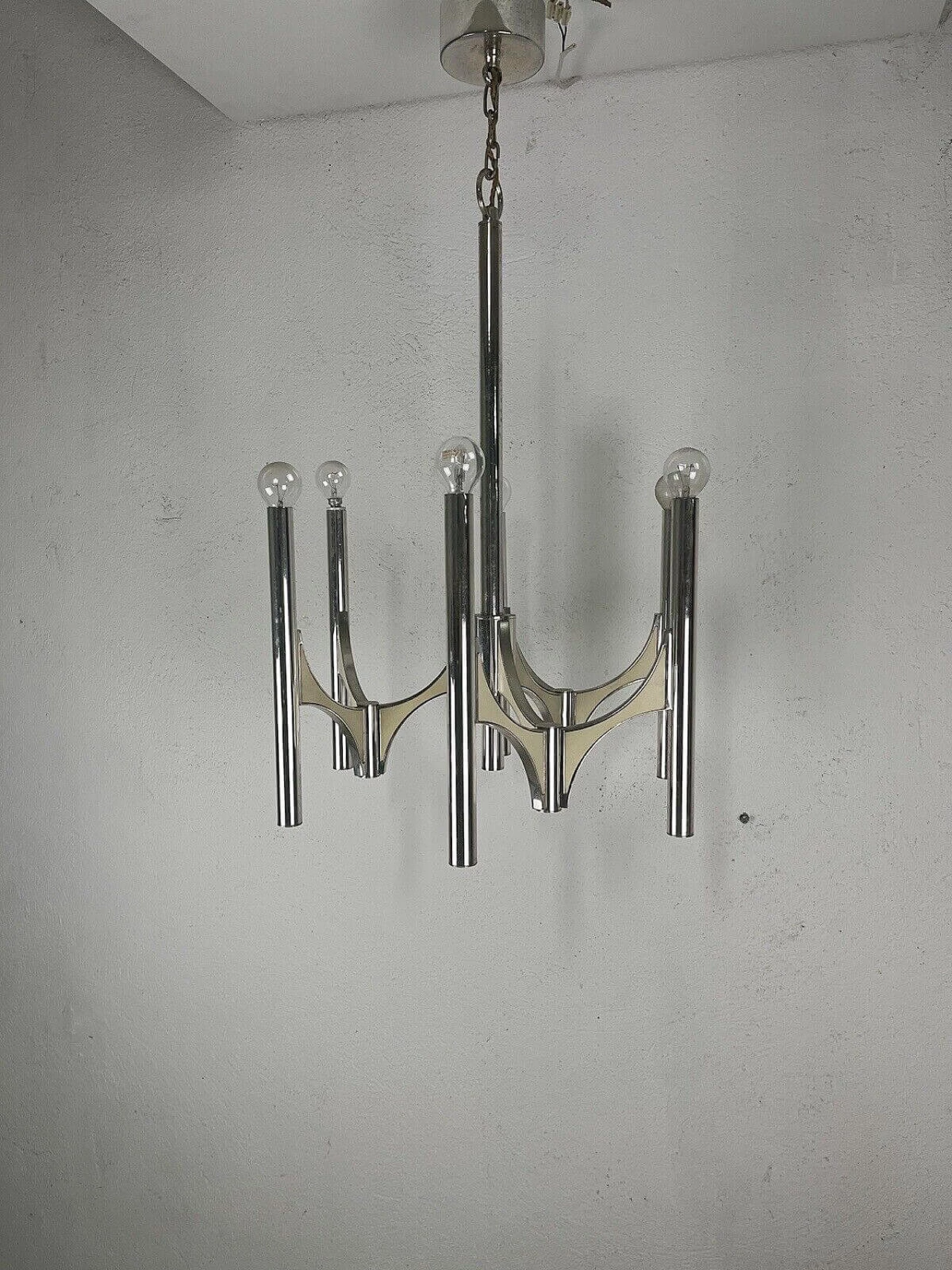 Chromed metal six-light chandelier by Sciolari, 1970s 6