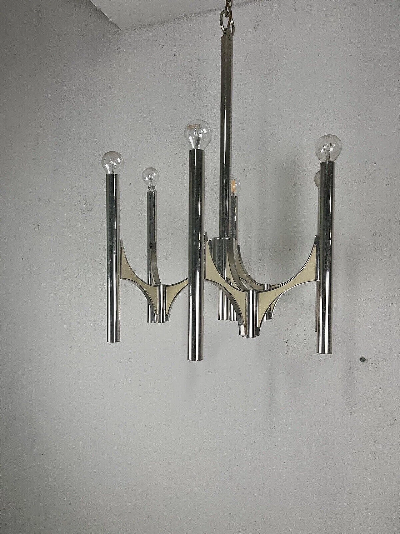 Chromed metal six-light chandelier by Sciolari, 1970s 7