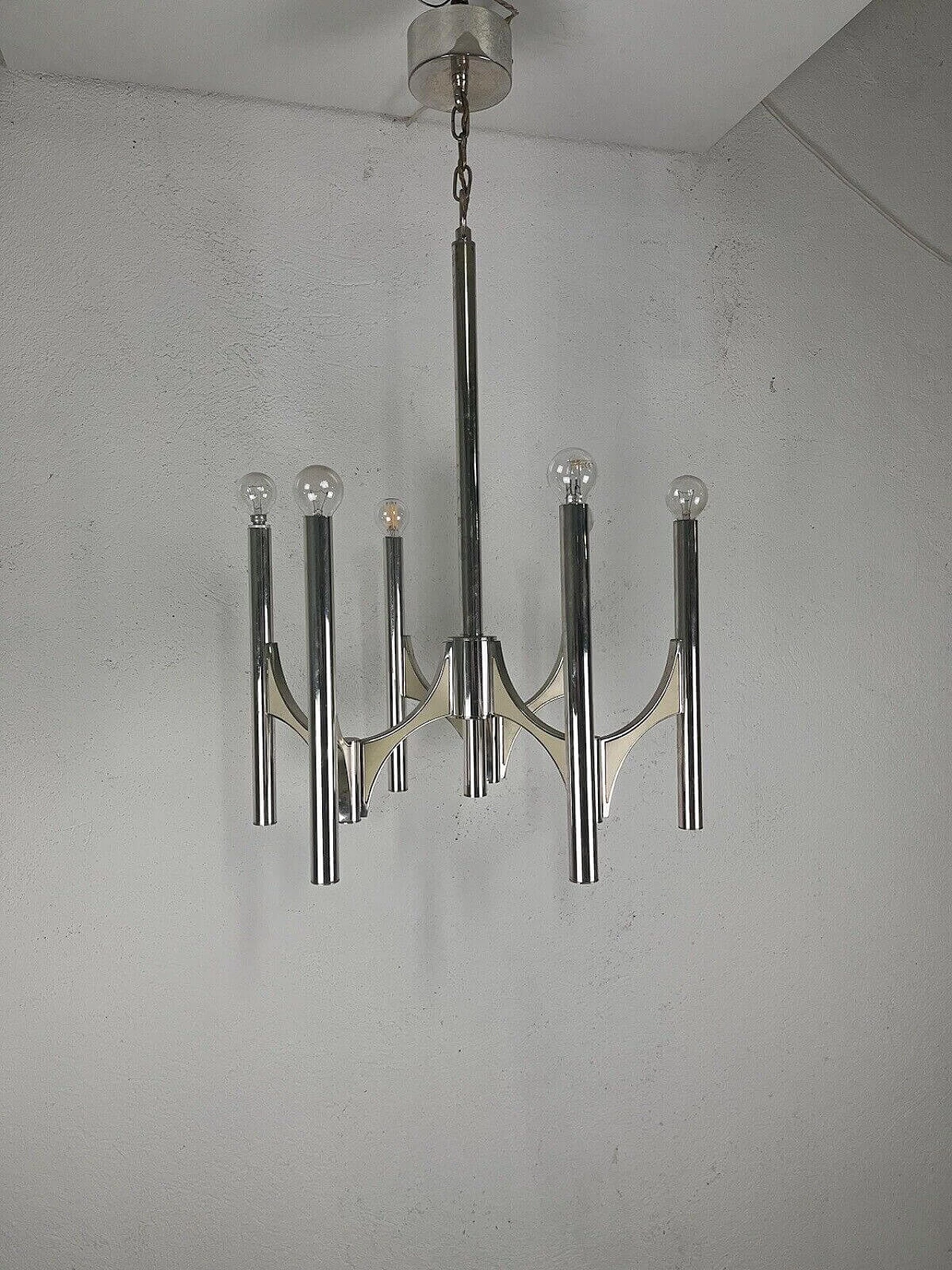 Chromed metal six-light chandelier by Sciolari, 1970s 8
