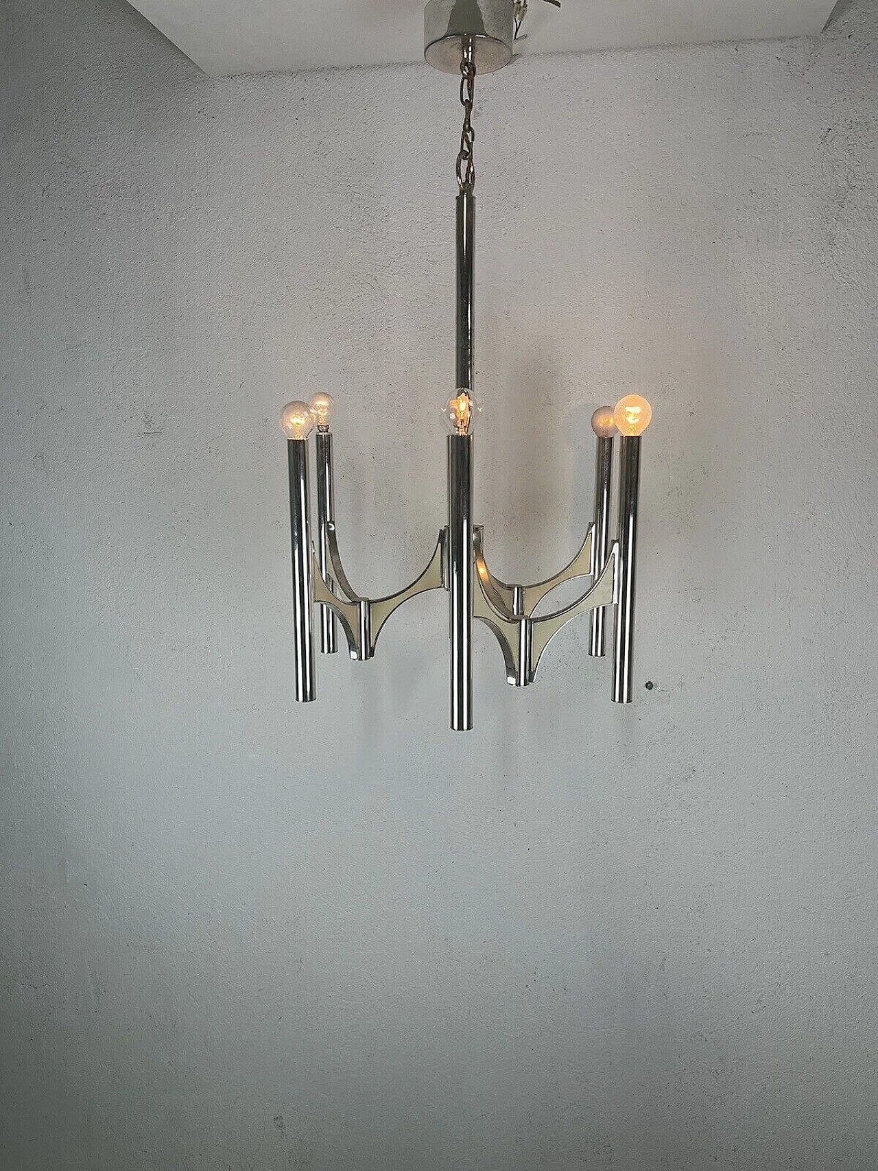 Chromed metal six-light chandelier by Sciolari, 1970s 9