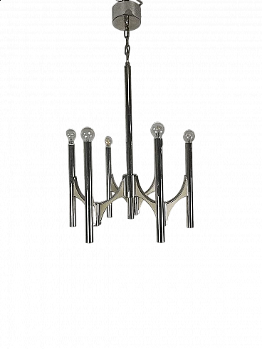 Chromed metal six-light chandelier by Sciolari, 1970s