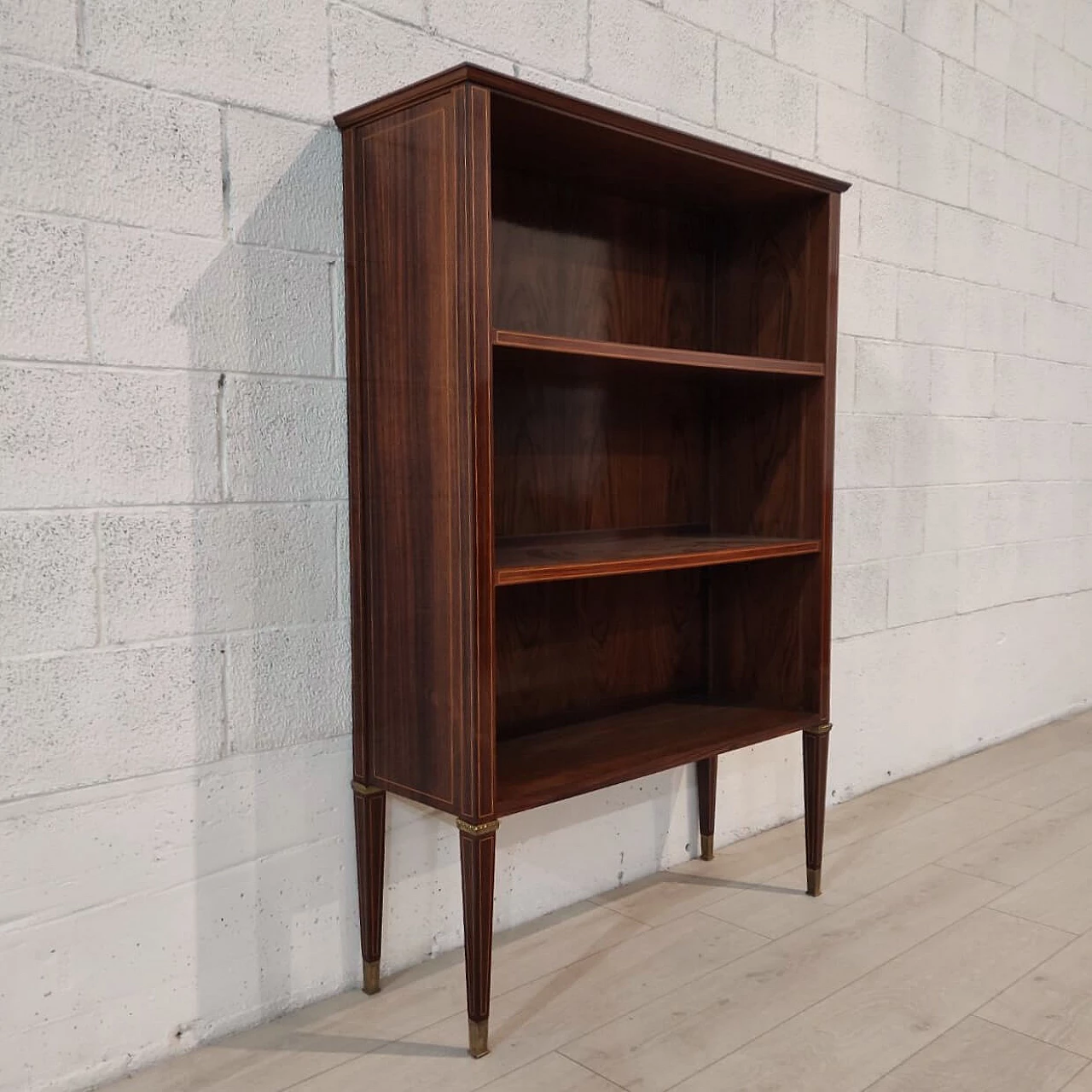 Open bookcase with brass elements and light wood inlays, 1950s 3