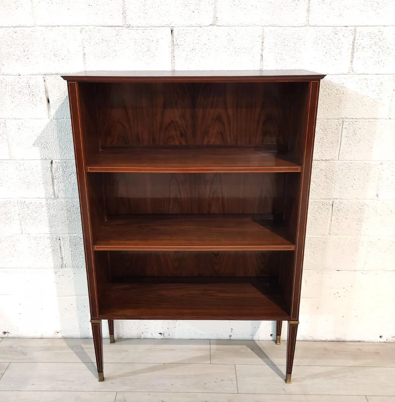 Open bookcase with brass elements and light wood inlays, 1950s 5