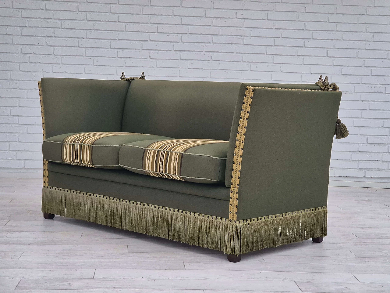 Danish two-seater wool sofa with fold-down armrests, 1970s 13